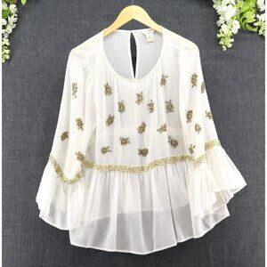 Sundance Women's Bohemian Embellished Peplum Hem Silk Blouse Off White/Gold L